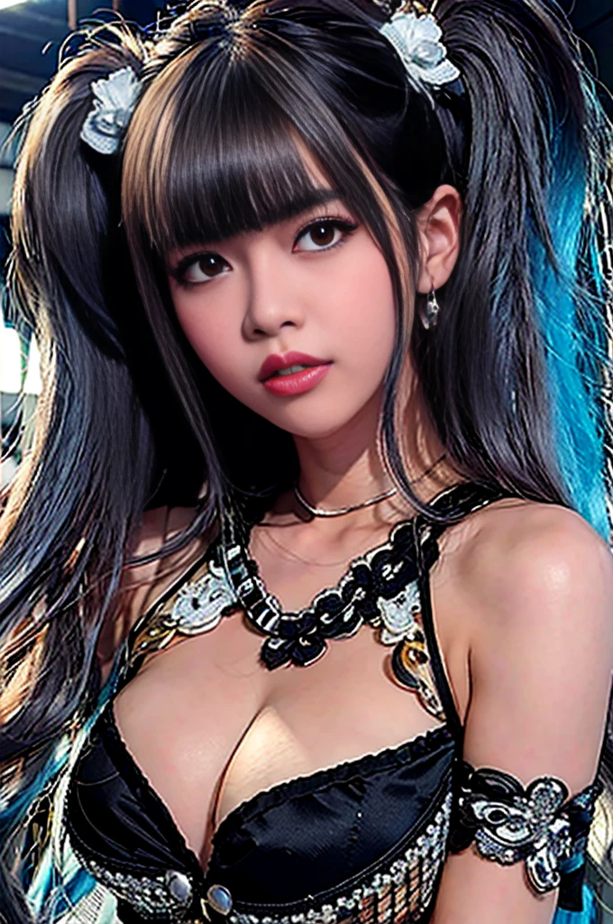 un primer plano de una mujer con cabello largo y rubio que llevaba un sujetador negro, Lalisa Manobal, con cabello largo y ojos penetrantes, artwork in the style of Guweiz, Guweiz, Modelo IG | Artgerm, Lalisa Manoban de Blackpink, seductora chica de anime, Chica coreana, Tendencias en CGVatstation, Chica de anime en la vida real