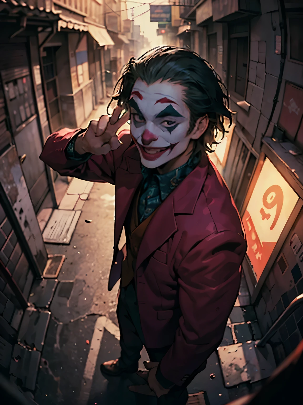 ( Masterpiece, best quality, cinematic lighting:1.2, backlit:1.6, rim light:1.6, hard light:1.4, side light:1.2, fisheye:1.2 ), (( high angle shot overhead pov )), ( bright alley street of england:1.2, night time, joker from batman, various hand gestures against viewer , looking at viewer), narrow face:1.5, long face.1.7, sunken cheeks:1.6, smiling from eye to eye:1.8, excited eyes, wide smile, wearing purple suit, ( over exposure:1.4, depth of field, 8K, UHD)