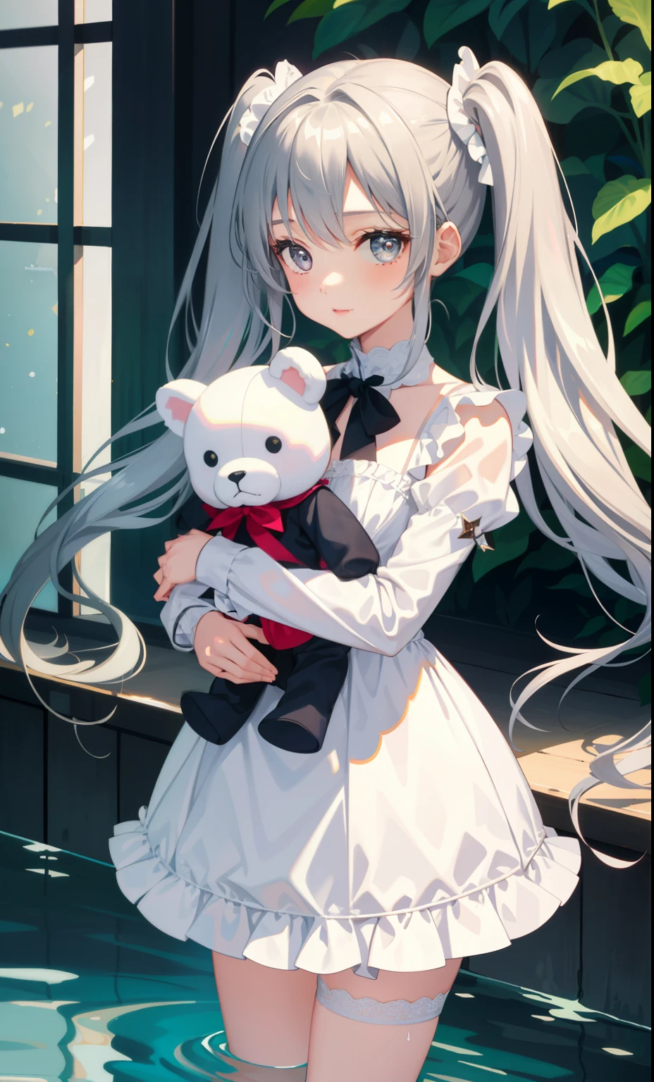 1girl in、As-、Cute underwear、Detailed Lace Lingerie、FULL BODYSHOT、(long silver twintails)、Hug a cute stuffed animal、cowboy  shot、Small fountain、Drenched