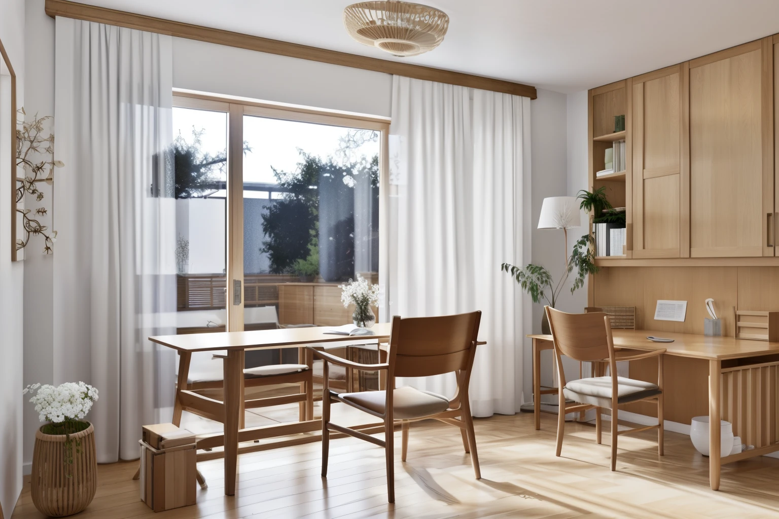 in-house, a living room with a benches, a chair, desks and janelass with 卷帘 on them and a chandelier hanging from the ceiling, Engeran Quatton, Vray rendering, a digital rendering, photorealism
in-house, florals, Indoors, The tree, without humans, janelas, a chair, desks, a plant, 窗帘, scenecy, benches, wooden floor, florals瓶 走进8k杰作壁纸的境界, 超细节的, A high resolution, and impeccable shadow puppetry.. Presented as digital illustrations, It has similarities with Yoko's work. Nayuta Nordic modern interior design studio as the background, the scene features a a chair, a vase flaunting a white florals, a desks, swaying curtains, a luxurious benches, a lamp placed near a janelas, A cup, A spread out book, and a vibrant a plant. Color temperature bathes the room in golden tones, adds to its charm. 在without humans的情况下, The environment resonates with deep silence. Ray traching, フォトンマッピング, Radiosity seamlessly blends with professional lighting,casting an ethereal ambiance