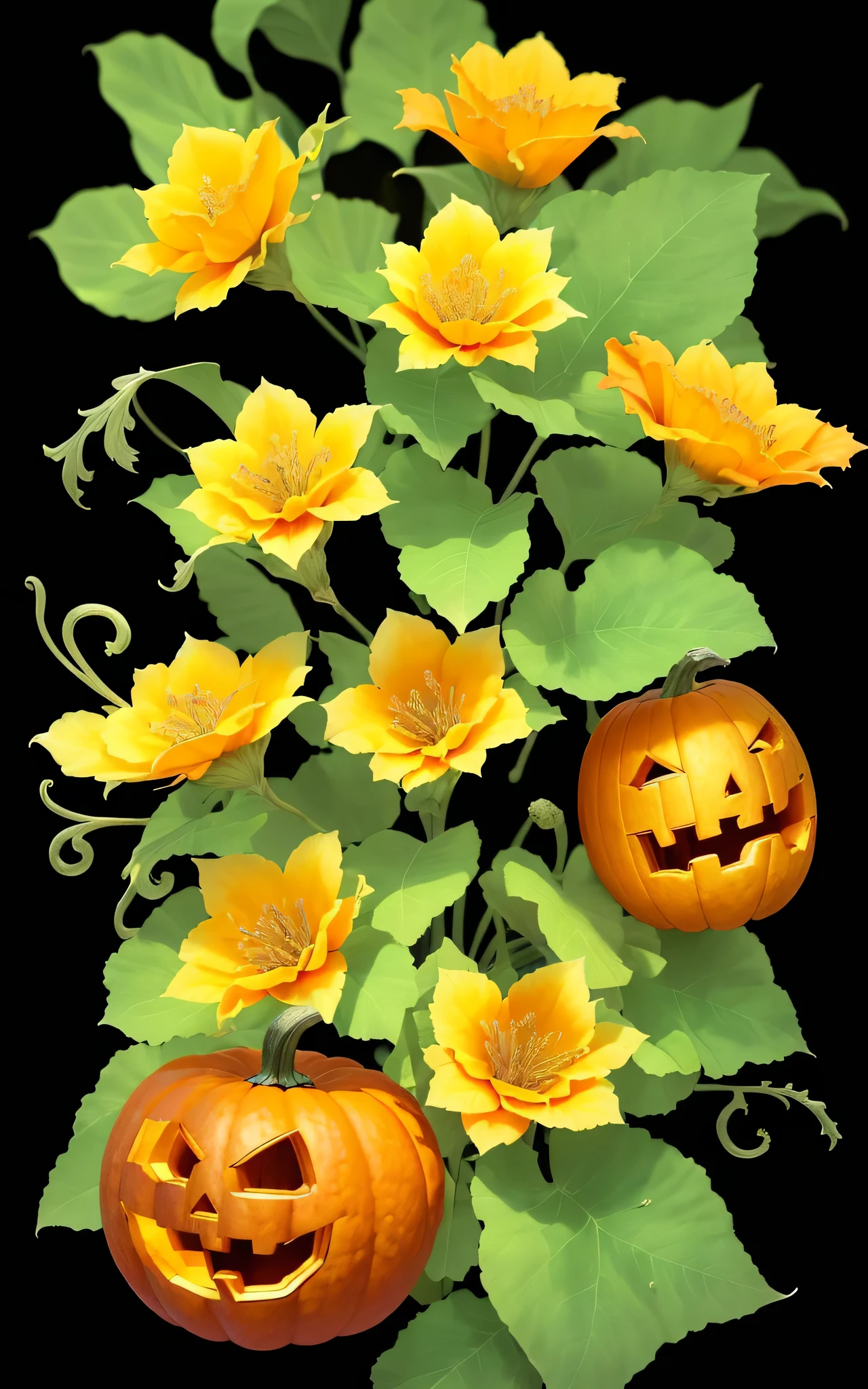 8K resolution, gothic debate art, (pumpkin flower+Transparent flowers),(dark foreground like sparkling petals), (Pumpkin leaves and grapes light flow, Silver vapor surrounding the guardian cloud, 8K resolution, great visual enjoyment., Soft cinematic light, Light Lab, nffsw, reveal your dreams, intricate style..