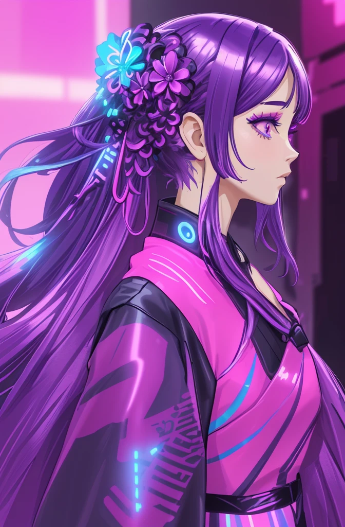 1girl, Colorful Neon clothing, Colorful hair ornaments, purple hair, detailed cyberpunk city background