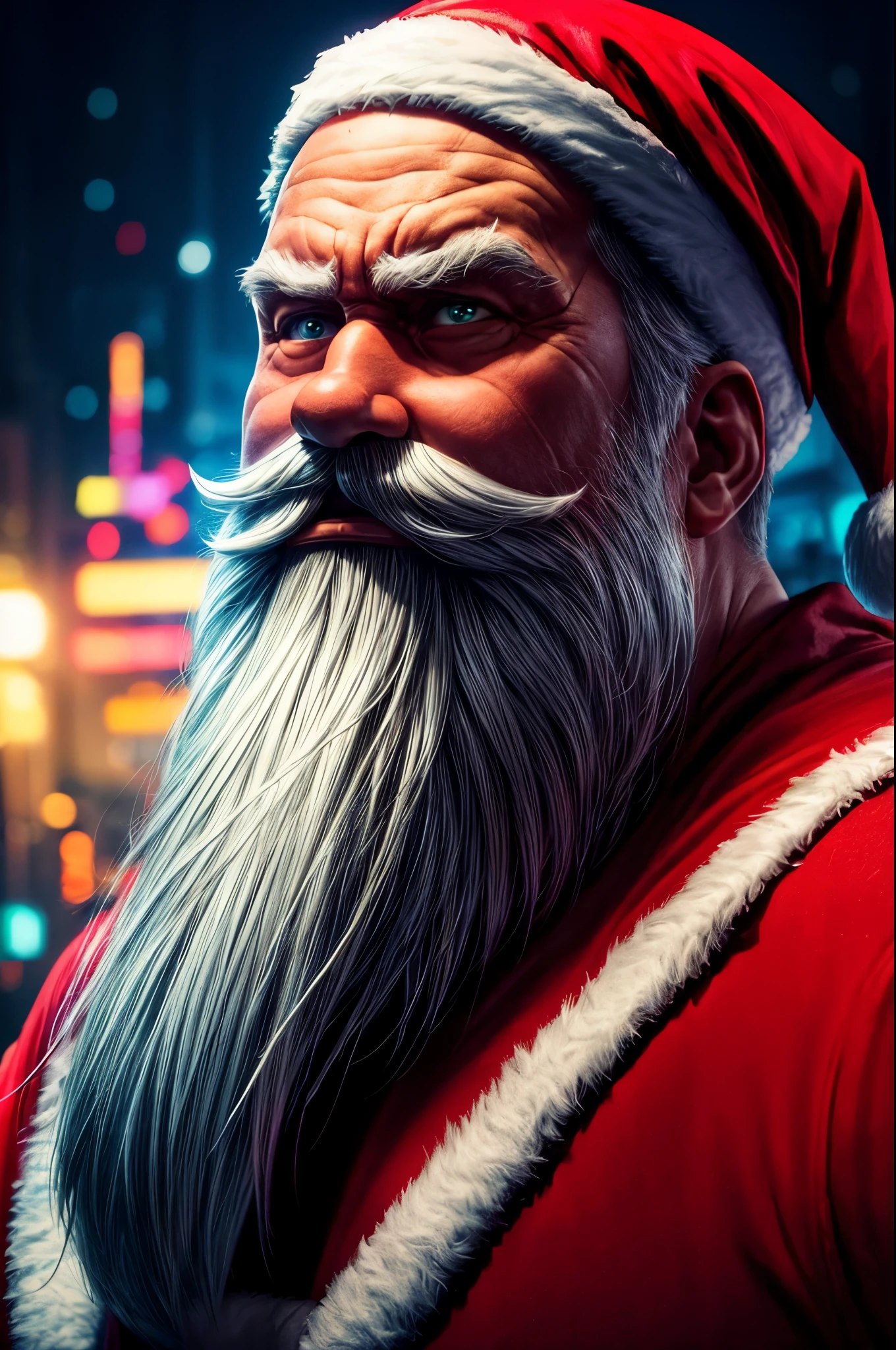 Professional studio photo,(Santa Claus) on the street, looking angry, blade runner aesthetic, christmas party, blacklight, neon lighting