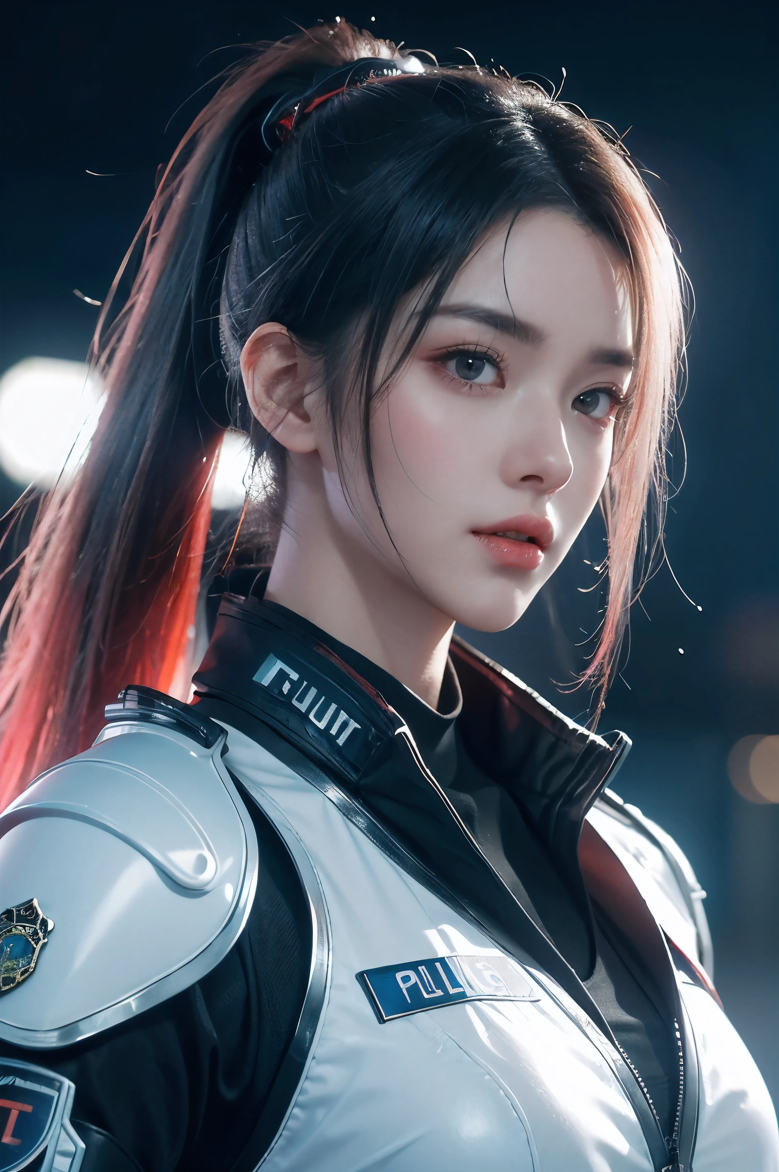 tmasterpiece，Best quality，A high resolution，8K，((sportrait))，(Close-up of the head)，RAW photogr，real photograph，digital photography，(Sci-fi lady in a cyberpunk world)，(The police of the future)，20岁女孩，(black and red hair gradient)，Gray随机发型，red eyes，(White and gray gradient ponytail，Gray)，(Large breasts)，Luxurious ornaments，Open lips，Keep your mouth beautiful and attractive，((Be red in the face))，Proud and handsome，Calm and handsome，(Police uniform，A futuristic combat suit full of technology，joint armor，badges，delicate patterns)，(Policewoman)，Photo pose，cyber punk personage，Future Style，rainy days，City background at night，oc render reflection texture