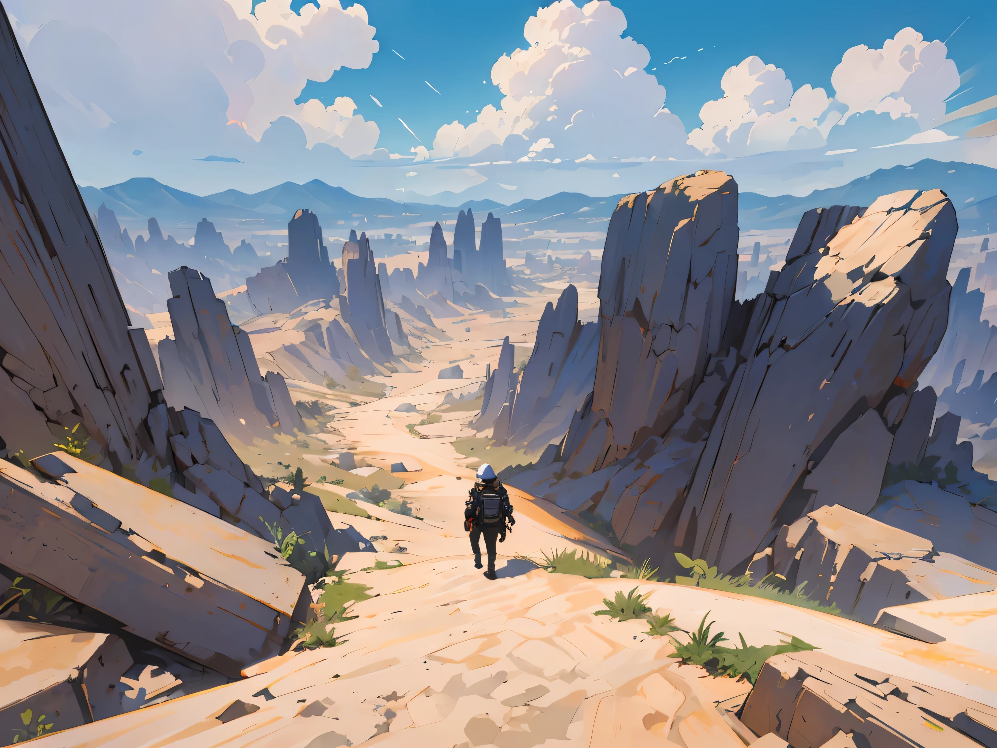 environment design, a Futuristic great city in the desert, nice weather, sun shining with pretty clouds, zoom-out top view,