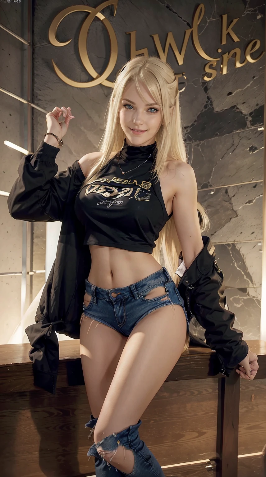 24-year-old woman、Hair color is blonde、Eye color is blue、medium hair straight hair、Slender but well-proportioned muscular body、a smile、huge tit、Wearing accessories on your wrist、a smile、I'm wearing a hair ornament、a smile、Wearing a black high neck zipper up top、I'm wearing low rise jeans、
