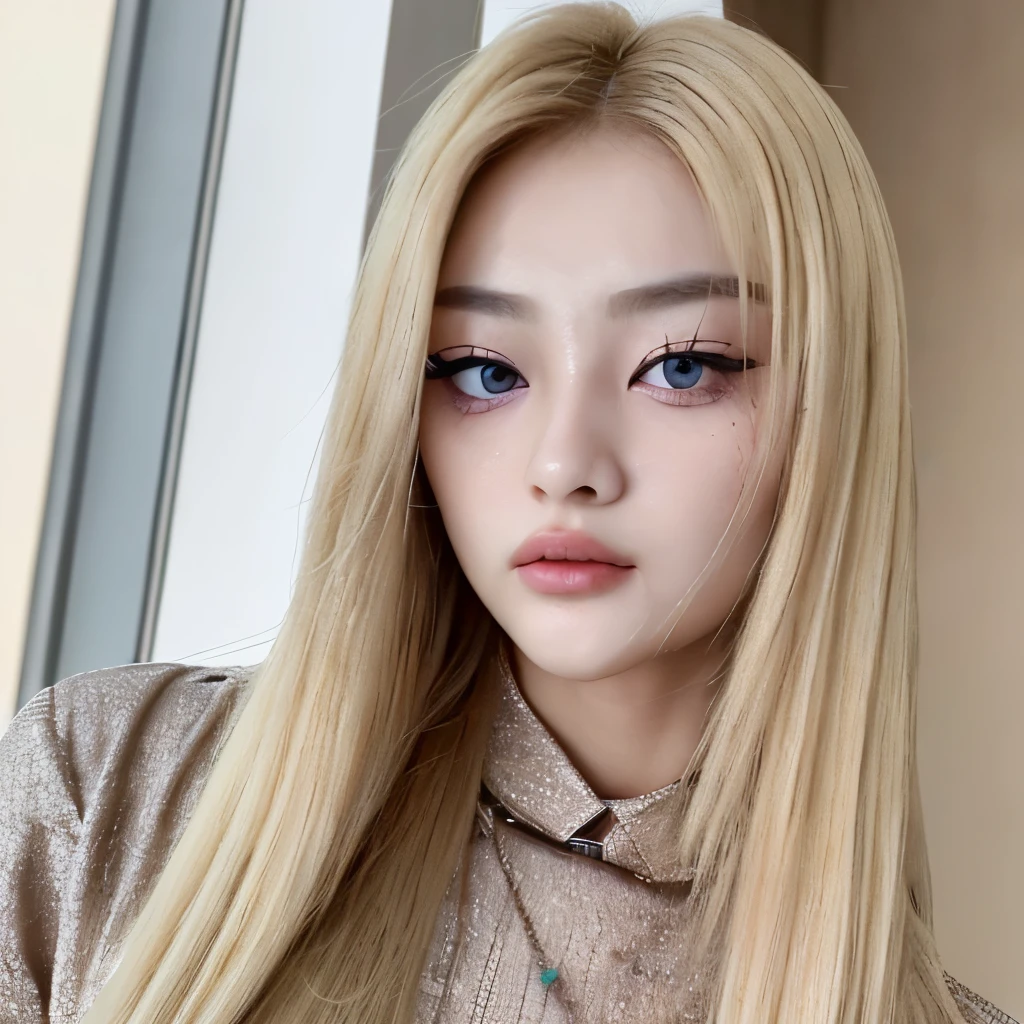 Hwang Hyunjin with beautiful detailed eyes,longeyelashes,nose,lips,expression,handsome face,hair color:blonde,straight hairstyle,confident and mysterious look,stylish outfit