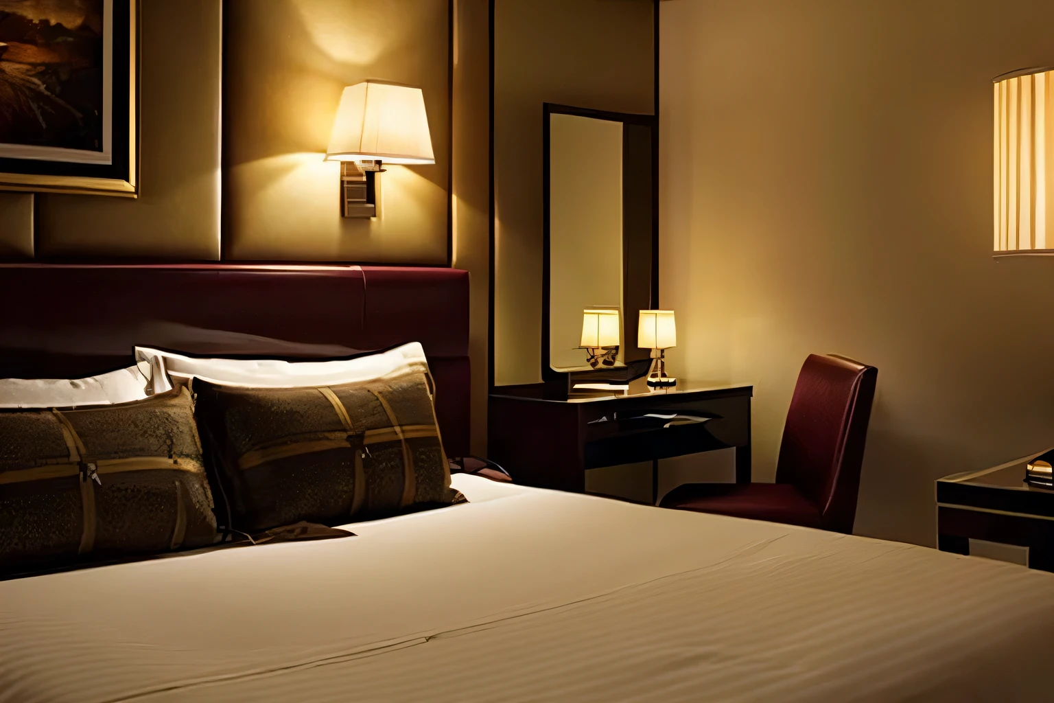 Hotel,Bedroom,(((Luxury bed:1.3))),mood lighting,