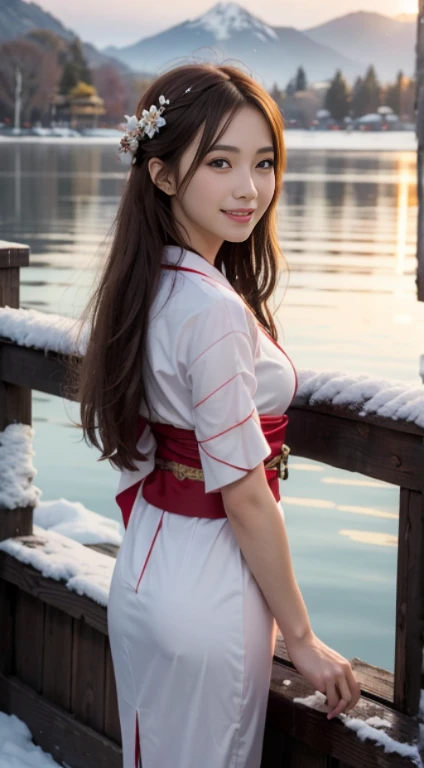 asuna, Masterpiece, Best Quality, detailed, (1Girl), Solo, detailed golden eyes, Long hair, Standing, Get close to the viewer, (detailed kimono), light grin smile, Medium Tits,  (arms behind back), Water, sunset, (Hair ornaments), (sakura),  Snow Mountain Lake in the background