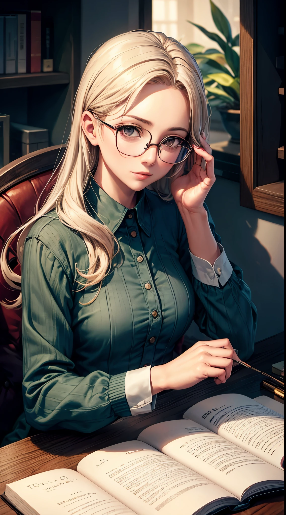 woman, glasses, cwboy shof, ambient light, intellectual expression, classic attire, make-up, warm tones, high resolution.