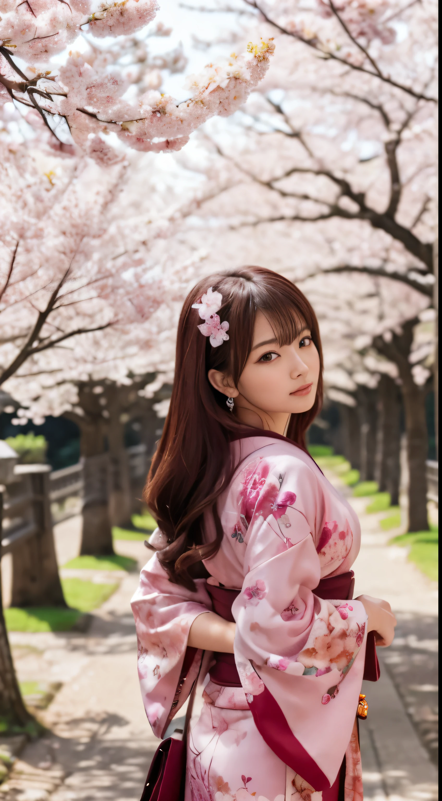Ultra high-definition images,(Kimono)(top-quality,masterpiece:1.3,超A high resolution,),(ultra-detailliert,Beauty face),About Super Beauties,(Photorealsitic:1.4)Ultra-realistic capture,Highly detailed beautiful facial details,beautiful kimono details,,high-definition16Kfor human skin、 Skin texture is natural、The skin looks healthy with an even tone、 Use natural light and color,One Woman,japanes,,kawaii,Maroon hair,Middle hair,(depth of fields、chromatic abberation,fullbody image,Wide range of lighting、Natural Shading、)、cherryblossom,Bright pink cherry blossom trees in Osaka Castle Park,background-image,Full-body high-definition images,fullbody image,