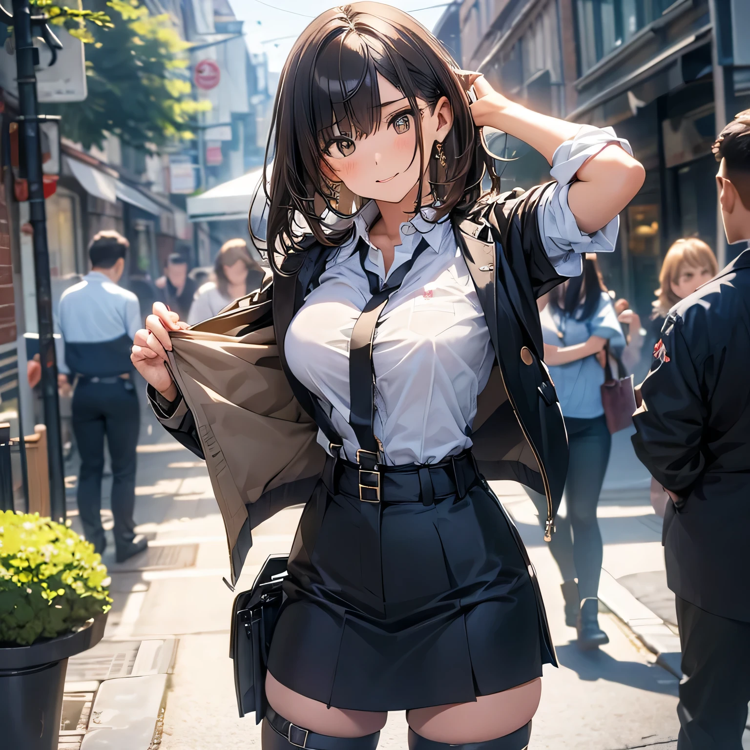 Brown hair、watching at viewers black suspenders bulging big tits walls: Black miniskirt garters Gaze a small face bangss holster Beautuful Women Hands up レッグholster ベッドに横たわる Gaze black boots panty shot Provocation flank flank汗 Soio black suits Black jacket Black pants White cutter shirt