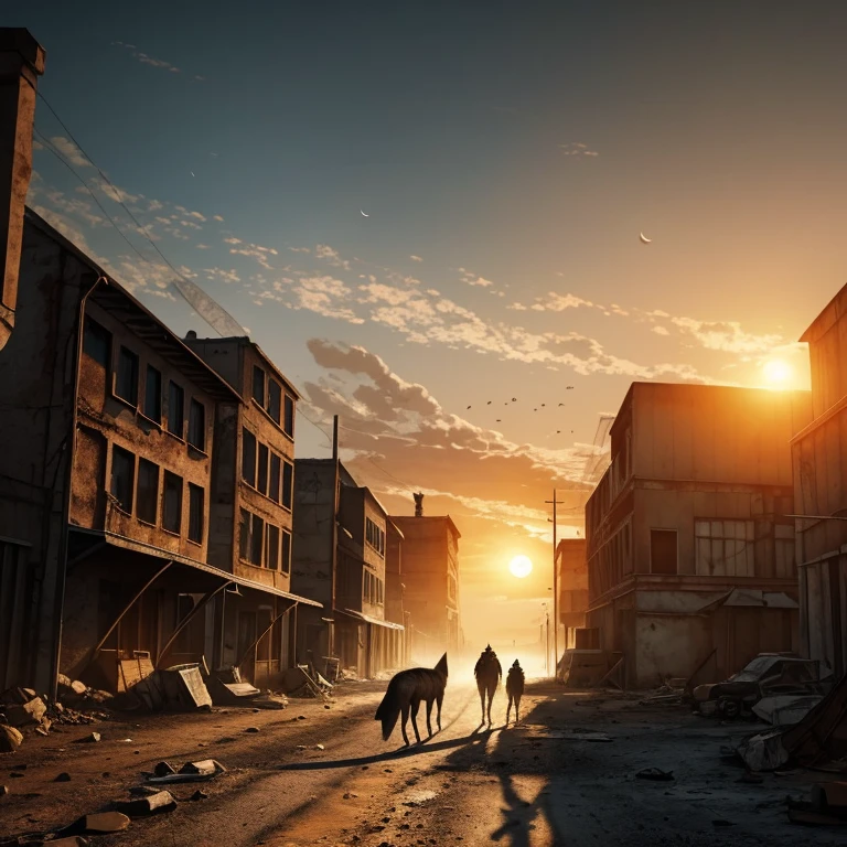 best quality, 4k, post apocalyptic landscape, muted colors, ruined buildings, at sunset, wolves walking in the distance, the moon and sun visible in the sky