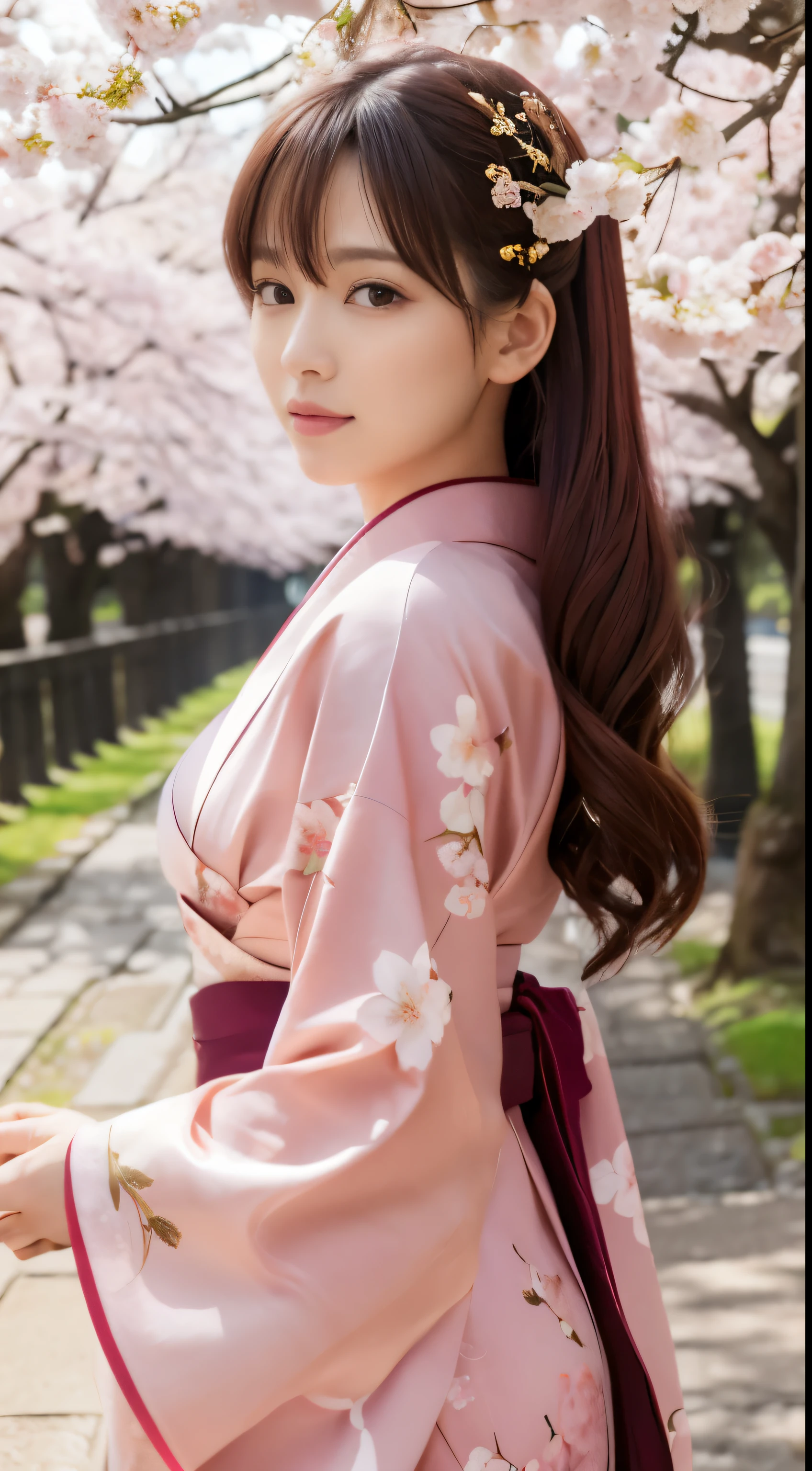 Ultra high-definition images,(Kimono)(top-quality,​masterpiece:1.3,超A high resolution,),(ultra-detailliert,Beauty face),About Super Beauties,(Photorealsitic:1.4)Ultra-realistic capture,Highly detailed beautiful facial details,beautiful kimono details,,high-definition16Kfor human skin、 Skin texture is natural、The skin looks healthy with an even tone、 Use natural light and color,One Woman,japanes,,kawaii,Maroon hair,Middle hair,(depth of fields、chromatic abberation,fullbody image,Wide range of lighting、Natural Shading、)、cherryblossom,Bright pink cherry blossom trees in Osaka Castle Park,background-image,Full-body high-definition images,fullbody image,