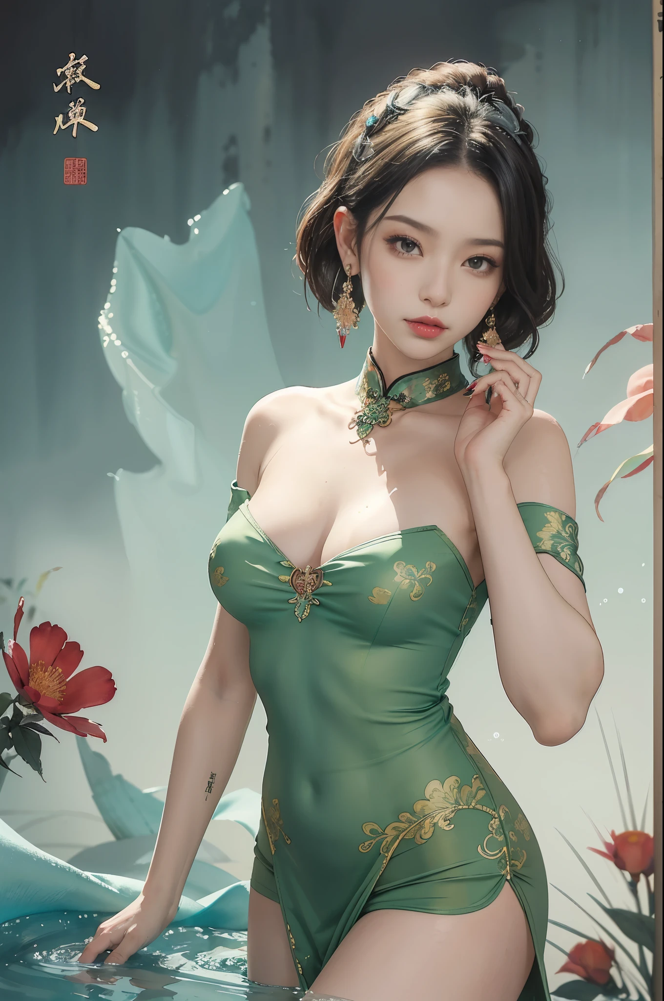 gorgeous girl ((masterpiece)),((high resolution)),((best quality)),detailed,(nsfw, crying),((Hands bound, handcuffs, tied wrist, arms up, hanging , model, bdsm ,teary eyes, brown hair, collar, )),g-string, topless , torn clothes,large breasts,,statue ,handcuffs, collar, chain, embarrassed, scared,breast focus,POV, movie lighting, perfect shadow,(((prison))), realistic lighting shaded,nahida \(genshin impact\), cross-shaped pupils,ganyu \(genshin impact\),noelle_\(genshin_impact\), 1girl,(green_eyes:1.2//),silver hair, short_hair, medium_breasts, rose, red_flower,hair_flower