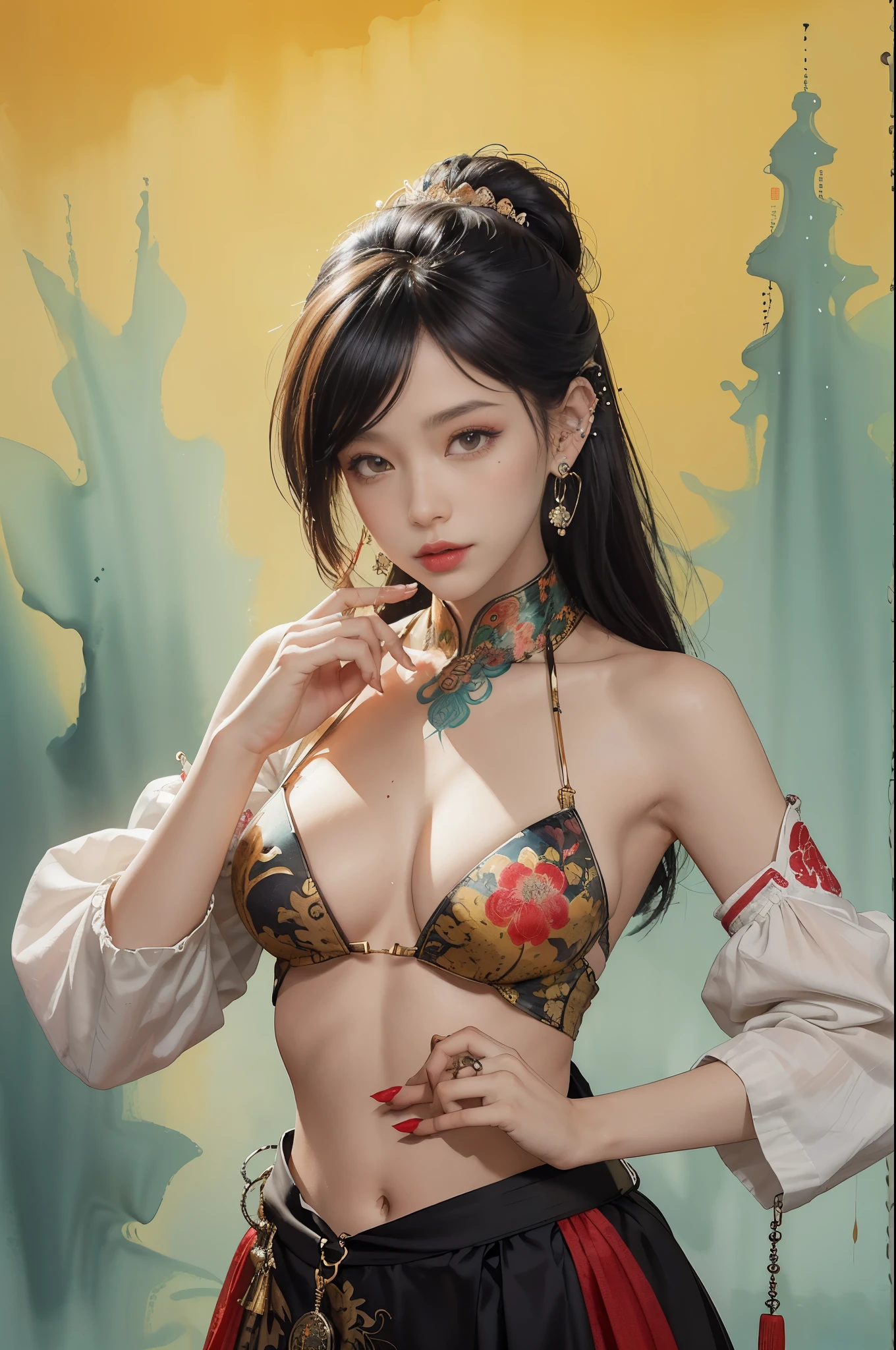(tmasterpiece,quality,Best quality,offcial art,Beauty and aesthetics:1.2),girl wearing clown makeup,(1 sister:1.3),Very meticulous,(s fractal art:1.1),(One color:1.1)(blooming flower:1.3),Most detailed,( tangled:1.2), (dynamicposes), (abstract backgrounds:1.3), (Traditional Chinese fabrics:1.2), (Glowing and radiant skin), (Lots of colors:1.4), ,(ear nipple ring:1.4),(Decorative painting:1.6,), Lighting,Ink painting and watercolor,ink,water ink,