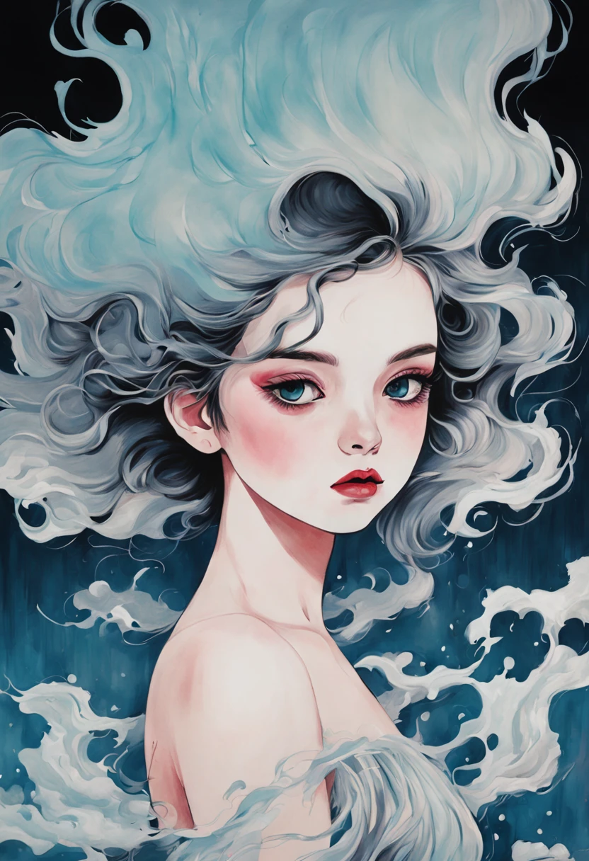 chiaroscuro technique on  illustration of an elegant girl, loli wet hair, vintage, eerie, matte painting, by Hannah Dale, by Harumi Hironaka, extremely soft colors, vibrant, highly detailed, digital illustrations , high contrast, dramatic, refined, tonal, facial expression