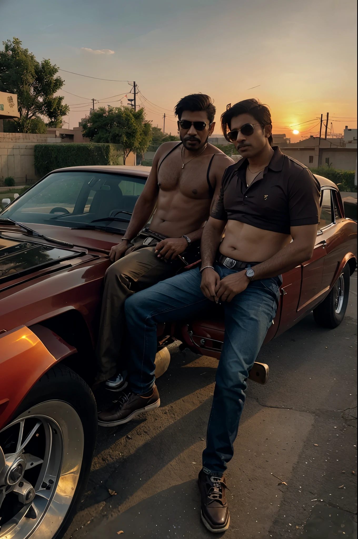 Indian gansgtar men sitting on old Mustang with a shotgun and cigar in delhi local sunset environment, gta style , game , colourful vibe