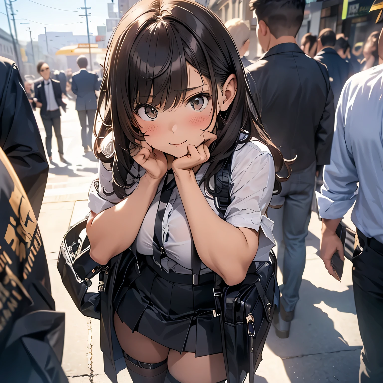 Brown hair、watching at viewers　　　black suspenders　　　bulging big tits　　 　 　　　walls: 　Black miniskirt　garters　　　　　　Gaze　　　a small face　bangss 　　　holster　　　Beautuful Women　　Hands up　　レッグholster ベッドに横たわる　　Gaze 　black boots panty shot　Provocation　flank　flank汗　Soio 　black suits　　Black jacket　Black pants　White cutter shirt