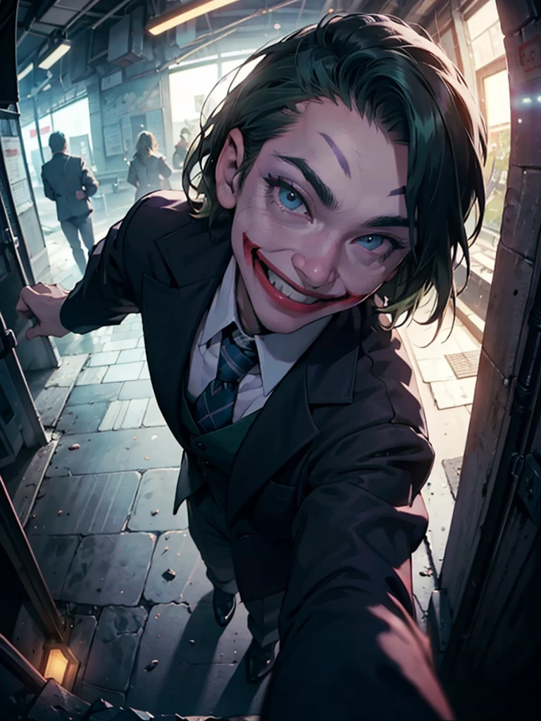 ( Masterpiece, best quality, cinematic lighting:1.2, backlit:1.6, rim light:1.6, hard light:1.4, side light:1.2, fisheye:1.2 ), (( high angle shot overhead pov )), ( bright alley street of england:1.2, night time, joker from batman, smile hand gestures against viewer , looking at viewer), narrow face:1.5, long face.1.7, sunken cheeks:1.6, smiling from eye to eye:1.8, excited eyes, joker lips makeup:1.2, wide smile, green hair:0.8, wearing purple suit:1.2, ( over exposure:1.4, depth of field, 8K, UHD)