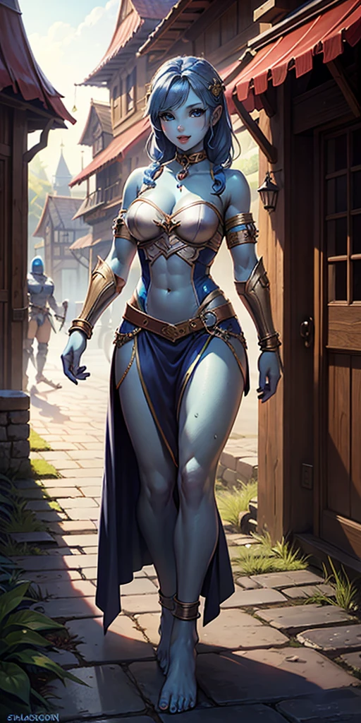 full body, female slave barefoot, Solo, female, (blue skin), fantasy village, muscular, armor, slave outfit, armor, slave, bracers, shackles, choker