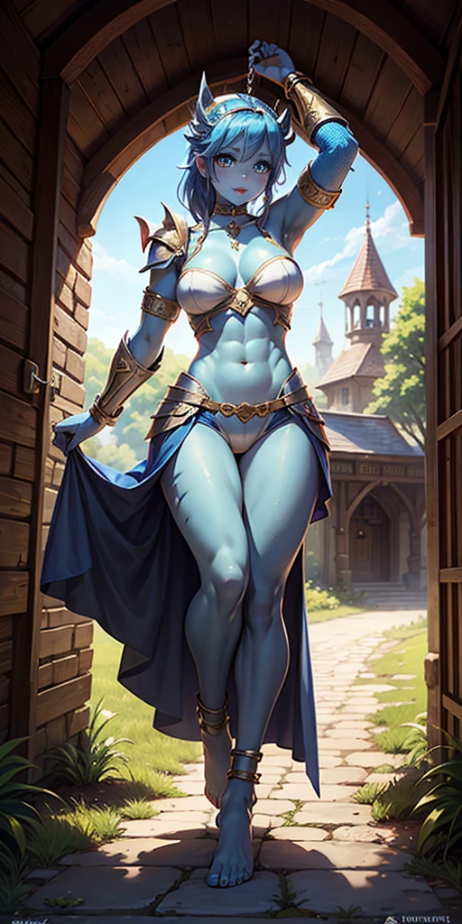 full body, female slave barefoot, Solo, female, (blue skin), fantasy village, muscular, armor, slave outfit, armor, slave, bracers, shackles, choker