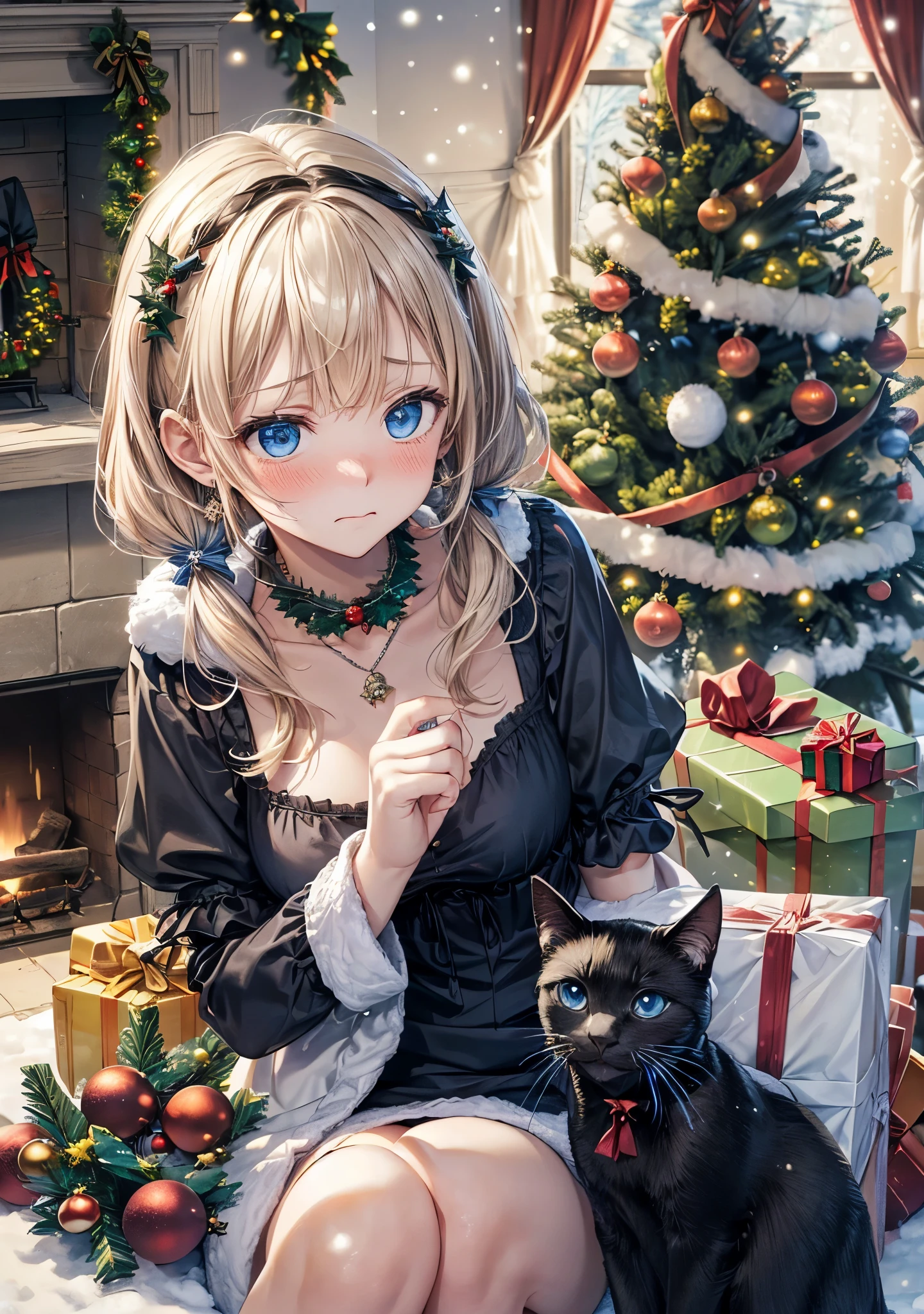 absurderes, ultra-detailliert,bright colour, Short hair,Blonde hair with fluffy short twintails:1.2)Shiny hair,(gothic lorita:1.3),(Embarrassed and embarrassed face:1.3),(Christmas tree:1.3),(Christmas Decorations:1.3),(attached an LED light to the wall),(many black cats:1.3),Delicate beautiful face, red blush、(Deep Blue Eyes:1.5), White skin, hair clips, earrings, a necklace,Heavy snow outside the window,You can also see the starry sky and the aurora borealis..,(Celebrate Christmas in a room with a fireplace:1.2),