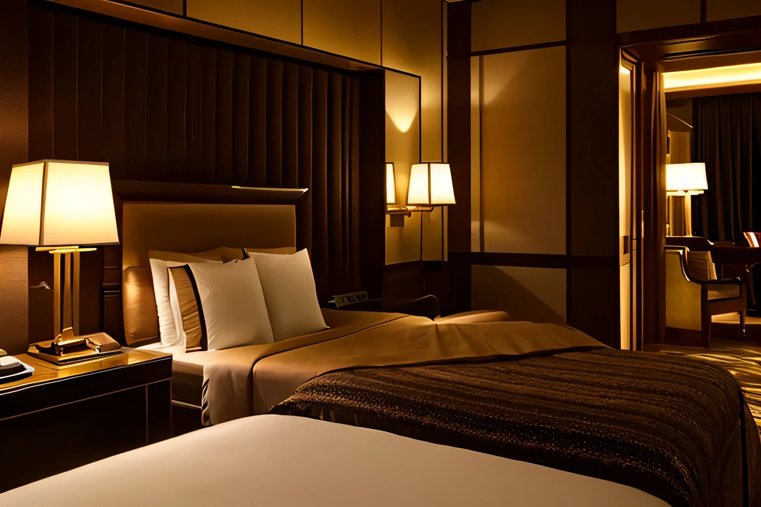 Hotel,Bedroom,(((Luxury bed:1.3))),mood lighting,