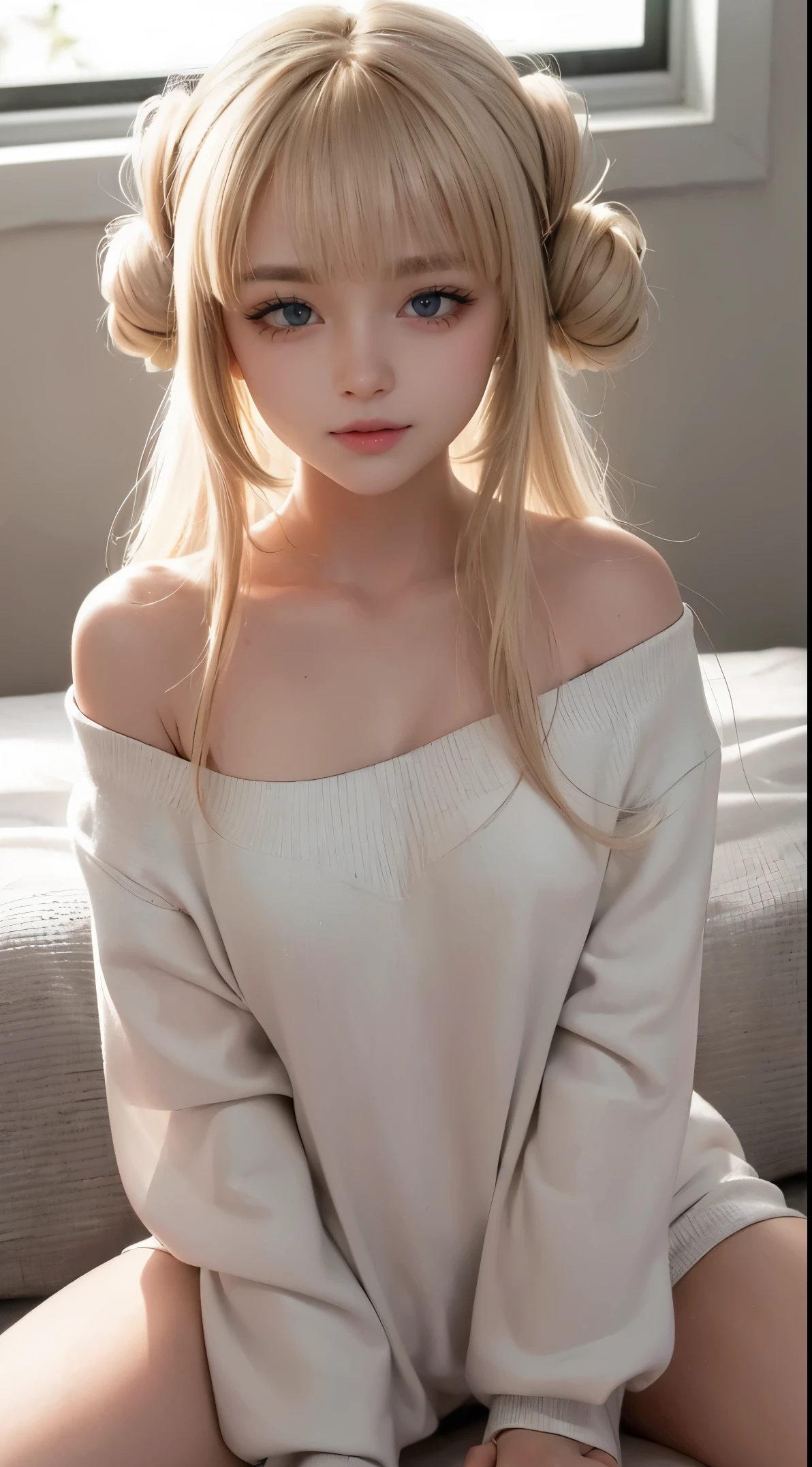 (Child face, virgin face,  Masterpiece, High resolution, 8k, 1 girl, ultra Detailed, Fine skin, white skin, Brighten the subject, cinematic lights, beautiful face, Detailed eyes, lip gloss), (((Detailed anatomy))), blonde hair, double buns hair, Silky straight hair, blunt bangs, Blue eyes, (slender body), (((Flat chested))), photography, (focus upper body), Sweet smile, looking at viewer, Wearing a white knit long sleeve, Wearing a white knit long sleeve, Bare neck, Blonde hair, double buns, Silky straight hair, blunt bangs, blunt bangs, seduction, sitting on bed, Spread up her legs wide, Spread up her legs wide, Spread up her legs wide,