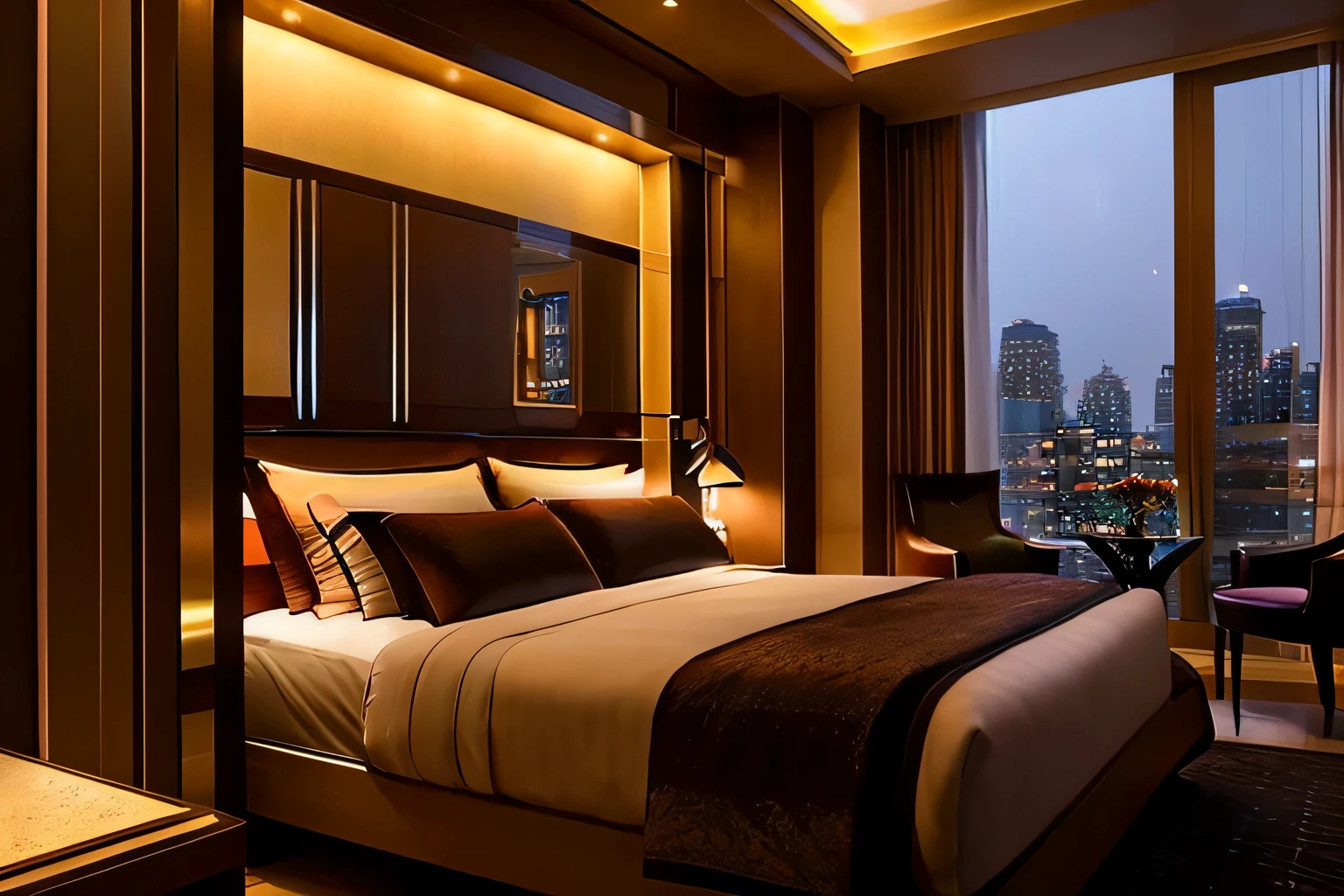 Hotel,Bedroom,(((Luxury bed:1.3))),mood lighting,