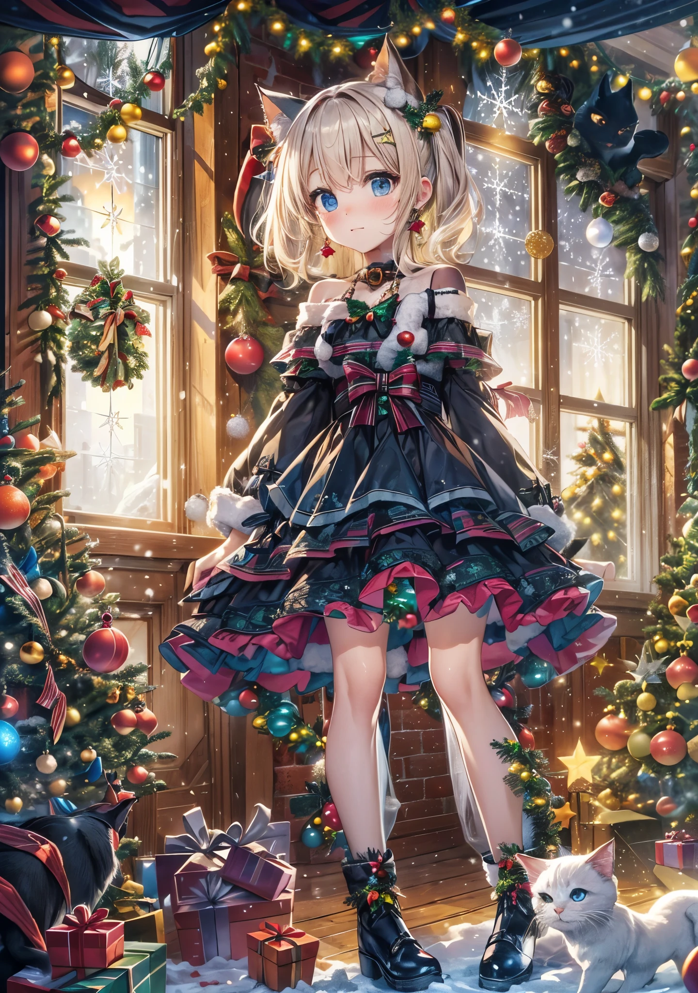 absurderes, ultra-detailliert,bright colour, Short hair,Blonde hair with fluffy short twintails:1.2)Shiny hair,(gothic lorita:1.3),(A shy and embarrassed face:1.3),(Christmas tree:1.3),(Christmas Decorations:1.3),(led lights on the wall),(many black cats:1.3),Delicate beautiful face, red blush、(Deep Blue Eyes:1.5), White skin, hair clips, earrings, a necklace,Heavy snow outside the window,You can also see the starry sky and the aurora borealis.,(Celebrate Christmas in a room with a fireplace:1.2),