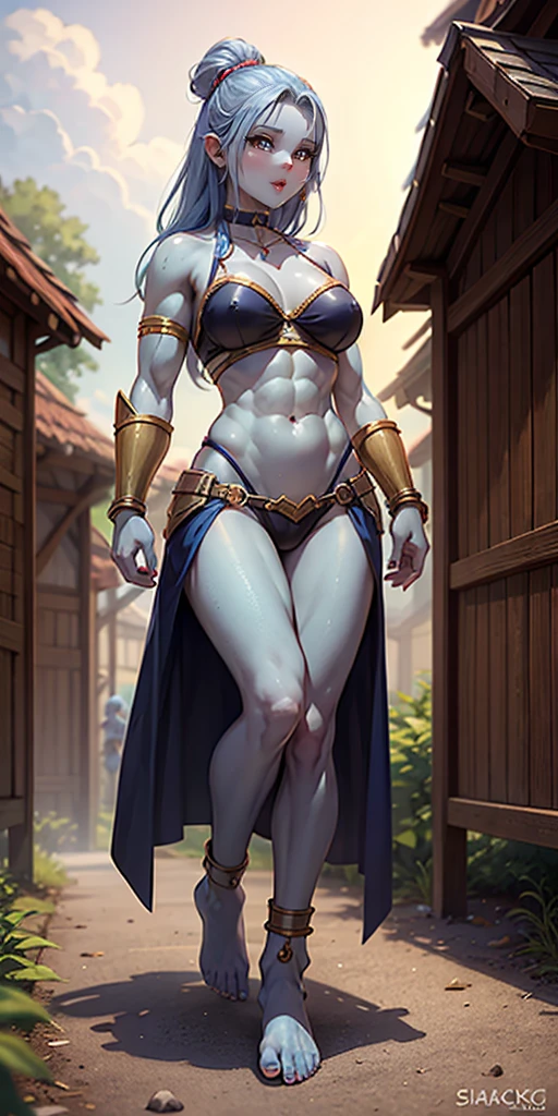 full body, female slave barefoot, Solo, female, (blue skin), fantasy village, muscular, armor, slave outfit, armor, slave, bracers, shackles, choker