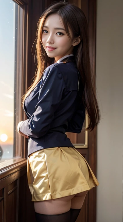 asuna, Masterpiece, Best Quality, detailed, (1Girl), Solo, detailed golden eyes, Long hair, Standing, Get close to your audience, (office suit with short skirt),transparent stockings, light grin smile, Medium Tits, (arms behind back), Water, sunset, (Hair ornaments), (sakura), Snow Mountain Lake in the background