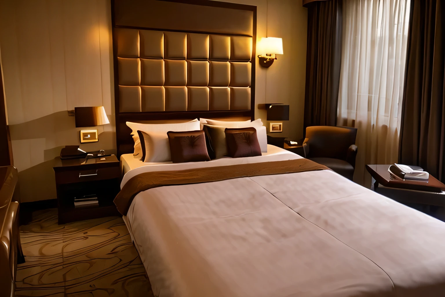 Hotel,Bedroom,(((Luxury bed:1.3))),mood lighting,