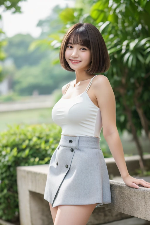 Japan Beauty,High Teenager,is standing,Straight in front photo,a smile
(Detailed body,small bust,big breasts thin waist,Thick thighs,Thick calf,White sandals)
(detailed photo composition,is standing,FULL BODYSHOT,full body shot,Shot straight ahead,Standing,eye level photo)
(detailed costume,Navel Ejection,Red Tank Top,White mini skirt)
(A detailed face,elongated facial contour,少しa smile,Sharp cheeks,Round chin,neat nose)
(A detailed eye,Looking at the camera,skinny cheeks,Round chin,Slender eyes,Beautiful eyes,Dark gray eyes)
(Detailed hair,Bob cut hair,a little brown hair)
(Detailed shooting location,green fence)