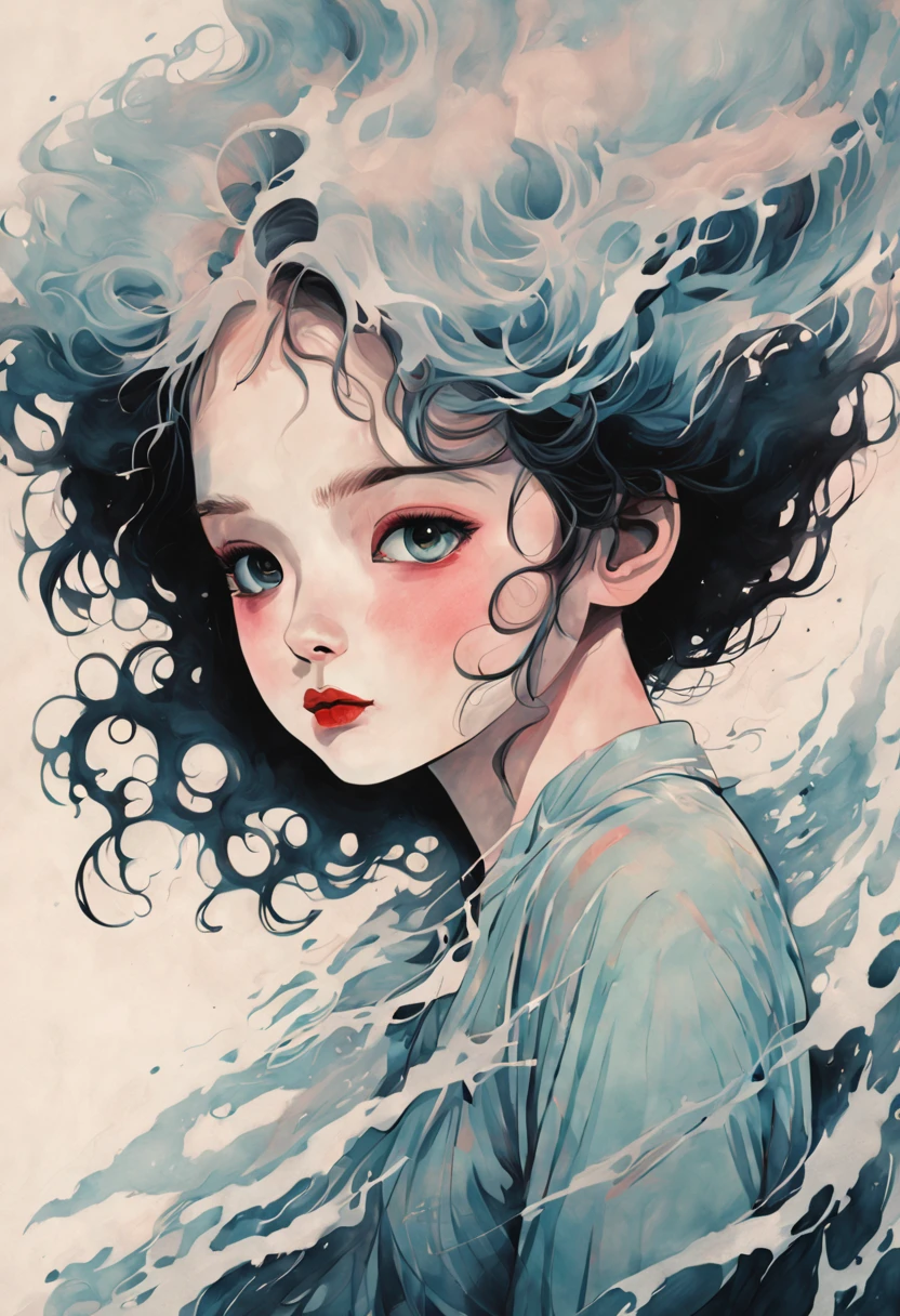 chiaroscuro technique on  illustration of an elegant girl, loli wet hair, vintage, eerie, matte painting, by Hannah Dale, by Harumi Hironaka, extremely soft colors, vibrant, highly detailed, digital illustrations , high contrast, dramatic, refined, tonal, facial expression