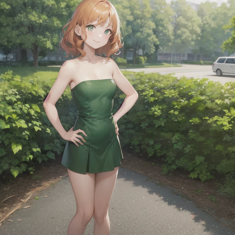 1girl, solo, mature female, wavy hair, wavy hair, short hair, orange hair, green eyes, freckles, green dress, strapless dress, tube dress, standing, hands on hips, outdoors, looking at viewer, smiling