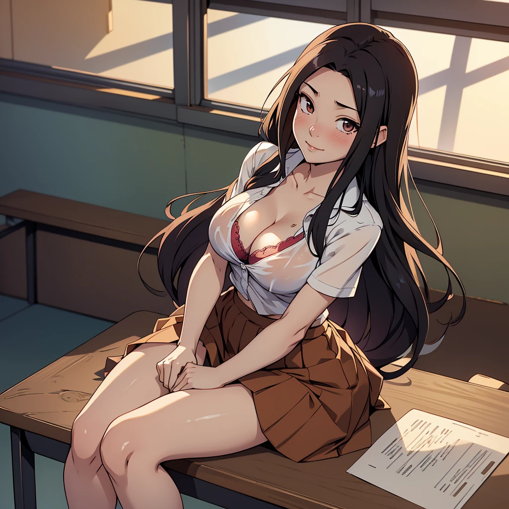 Anime style, Painting, absurderes、perfect anatomia、Misako Amamiya、long hair, bra very、Bra visible from clotheraline、breastsout、long hair, Classroom、cleavage of the breast、鎖骨、desk、From above、big breasts, on desk, pleatedskirt, School Desk, student clothes, see -through, The shirt, sitting on, Sitting on a desk, skirt by the, 独奏, thighs thighs thighs thighs, red blush, ssmile