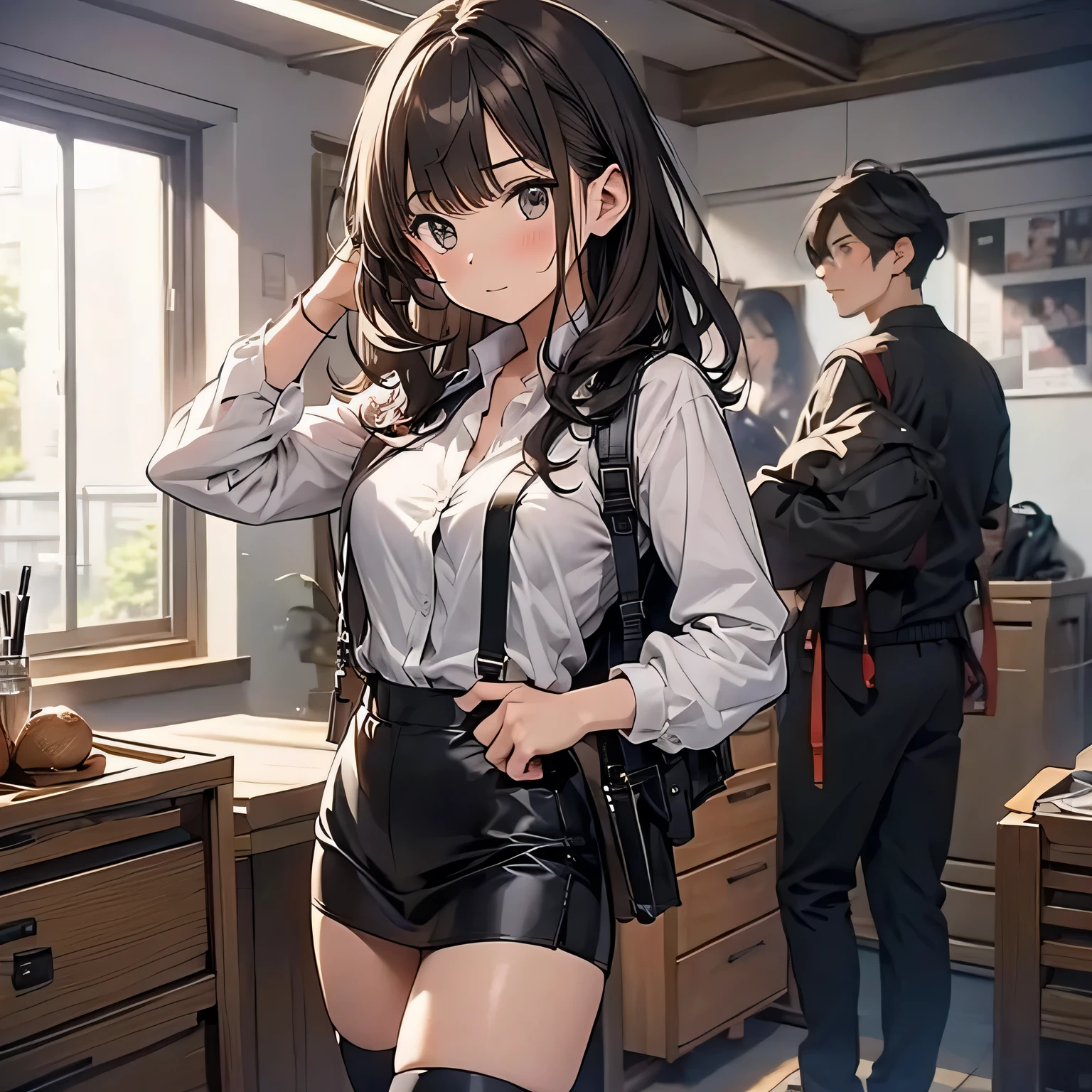 Brown hair、watching at viewers　　　black suspenders　　　bulging big tits　　 　 　　　walls: 　Black miniskirt　garters　　　　　　Gaze　　　a small face　bangss 　　　holster　　　Beautuful Women　　Hands up　　レッグholster ベッドに横たわる　　Gaze 　black boots panty shot　Provocation　flank　flank汗　Soio 　black suits　　Black jacket　Black pants　White cutter shirt