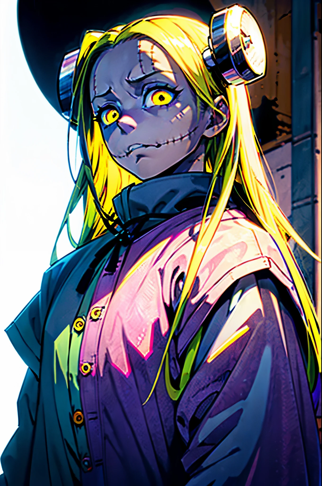 Madaraki_Fran,A girl ,stands,awkward,the madhatter ,surgeon ,wrinkles,concerned,((Points Forward)), hairlong , yellow hair,seams , Scars on the body , A creepy look , scary eyes , An intimidating look , creepy smile , bags under eyes, ((((Tired))))