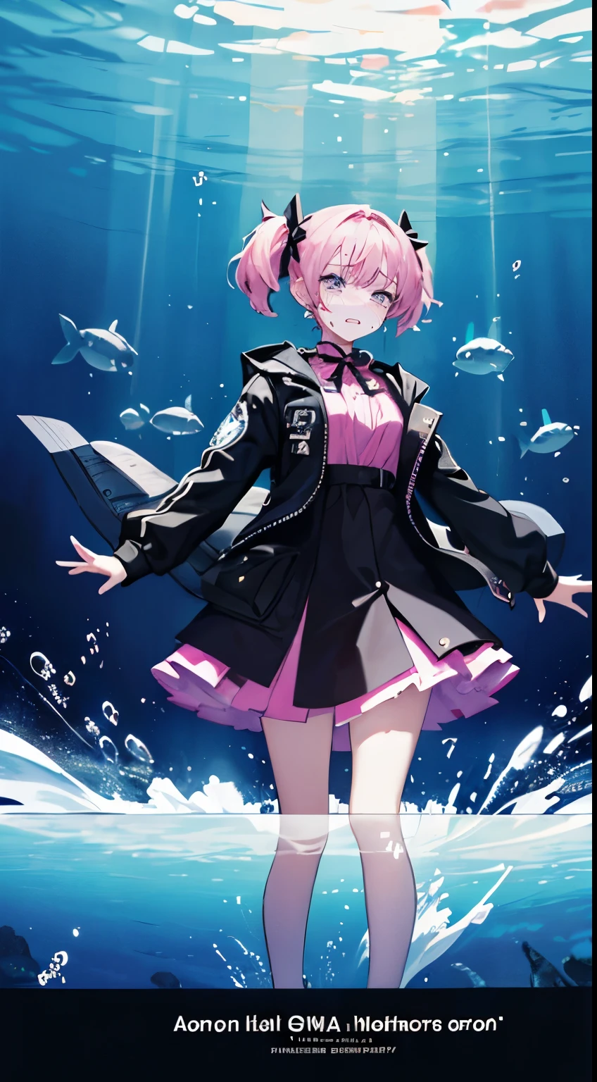 ((text on image)), The text is bold and attention-grabbing, ((film poster)), (-yeld fee model)),( Stand Neck long sleeve black jacket), ((dress)), ( she is inside an aquarium)  ((text on image)), The text is bold and attention-grabbing, ((film poster)), short twintail, 1 girl, short twintails, Colorful hair, flying, pink bows, (she is floating in water)