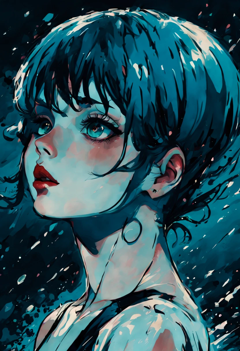 chiaroscuro technique on  illustration of an elegant girl,  wet hair, vintage, eerie, matte painting, by Hannah Dale, by Harumi Hironaka, extremely soft colors, vibrant, highly detailed, digital illustrations , high contrast, dramatic, refined, tonal, facial expression