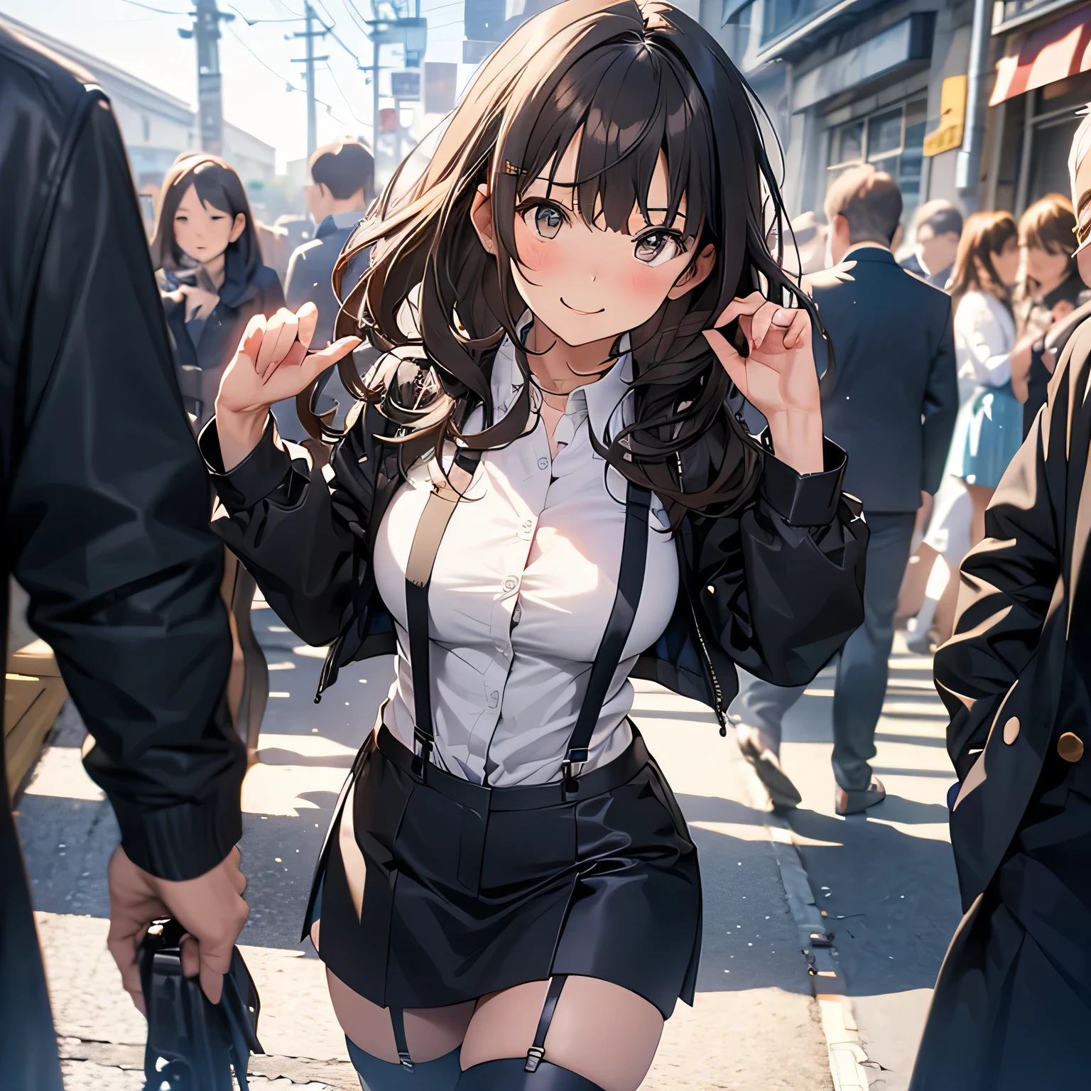 brown hair、looking at the viewer suspenders Bulging big breasts jeans boots Gaze small face bangs Beauty hands up Gaze 黒いboots provocation armpit sweat one person put your hands behind your back cutter shirt belt