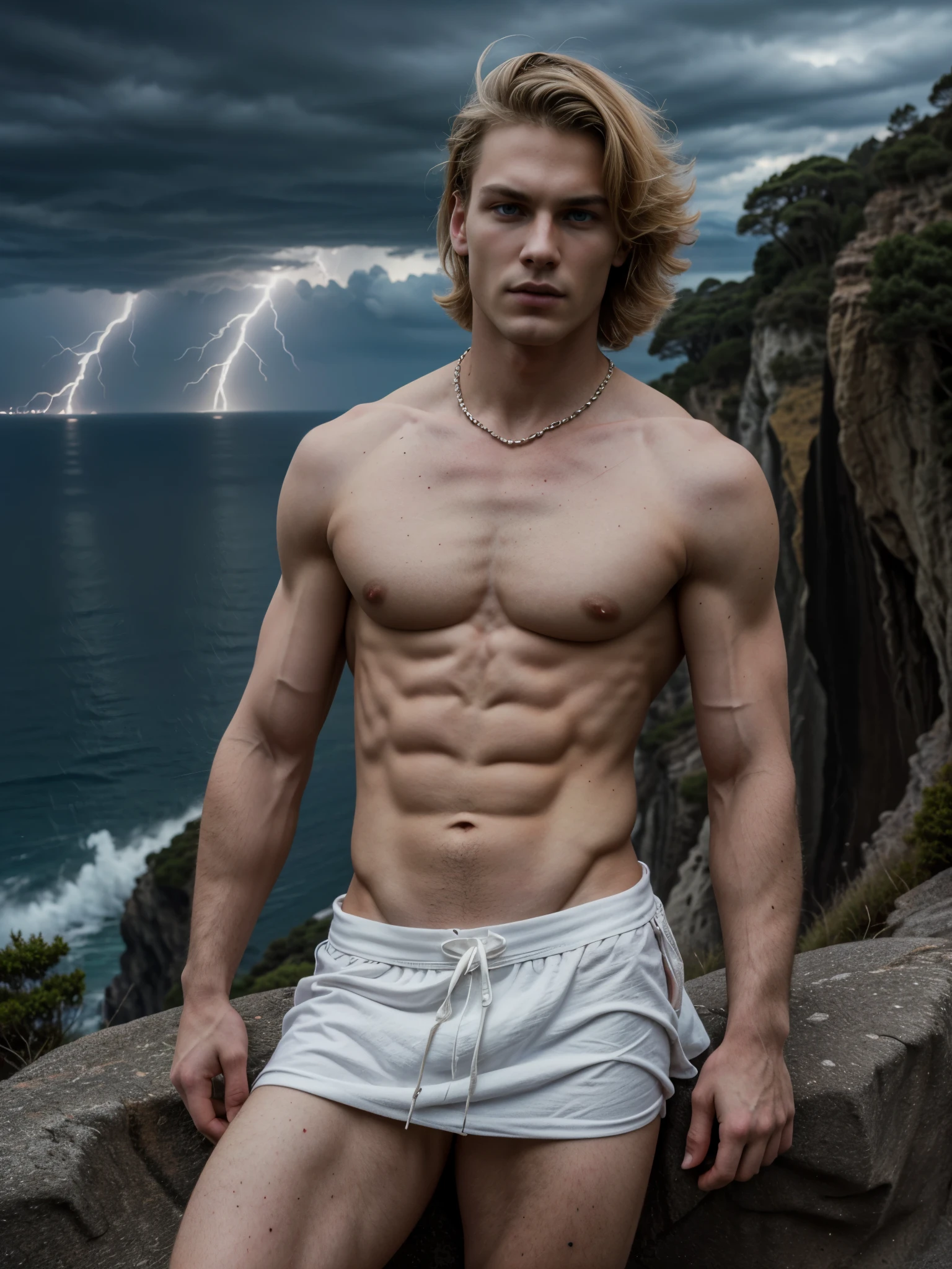 ((masterpiece)),((best quality)),8k, high detailed, ultra-detailed, Stylish Pose, real skin texture, dark cinematic lighting, (28-year-old:1.4) italian male model, handsome, cute looking, divine look, (blue eyes), zeus god, god of lighning, Jupiter, godly, electric, (power over electricity1.5), displaying the ability to manipulate lightning, creating massive lightning and bend electricity, white pale skin, roman god physic, intense blue eyes, short neat beard, dry hair, (blond hair:1.5), dry short blond messy hair, strong jawline, (masculine:1.3), muscular, defined fit body, hairless chest, shirtless, pantless, inside a mist, sinister aesthetic, (on top of a cliff:1.5), black storm clouds, lightning clouds, night dark storm, barelegged, barefoot, antique spartan loincloth, white antique draped cloth skirt, chain belt,,,, dim light, dark atmosphere, cinematic lighting, Depth of field, award-winning photography, elegant, hyperrealistic, octane render, unreal, high definition, 8k resolution, highly detailed, 8k uhd, professional lighting, photon mapping, radiosity, physically-based rendering