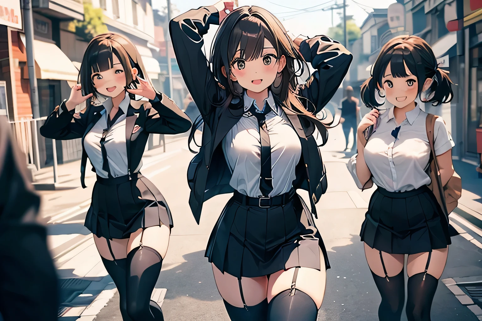 Brown hair、watching at viewers　　　black suspenders　　　bulging big tits　　 　 　　　walls: 　Black miniskirt　garters　　　　　　Gaze　　　a small face　bangss 　　　holster　　　Beautuful Women　　Hands up　　レッグholster ベッドに横たわる　　Gaze 　black boots panty shot　Provocation　flank　flank汗　Soio 　black suits　　Black jacket　Black pants　White cutter shirt