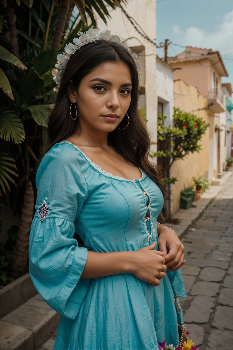 una mujer mexicana impresionante, su personalidad recuerda el encanto atemporal de la tradicion mexicana. Sus ojos, lleno de historias, los ojos son de un tono claro de verde, exuding wisdom with a touch of mischief. Sus labios, rico y rojo, reflejar la vitalidad de la cultura mexicana. Su cabello, Tan oscuro y fluido como el cielo nocturno cubano., enmarca su rostro. Vestida con un traje tradicional cubano., The vibrant colors seem to reflect the very spirit of Mexico.. The surrounding environment displays a mix of street scenes symbolic of flowers.., Edificios coloridos, y el cielo azul celestial
