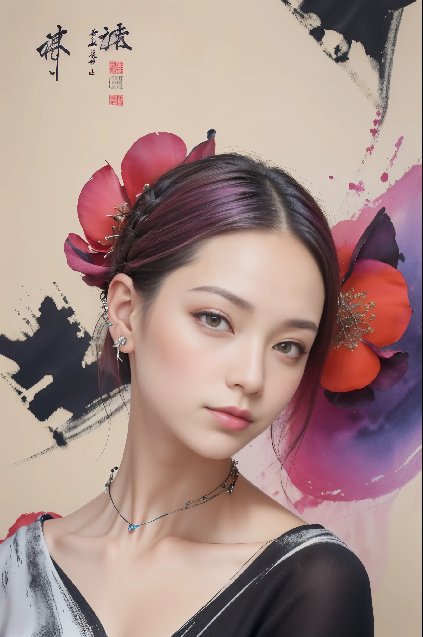 (tmasterpiece,quality,Best quality,offcial art,Beauty and aesthetics:1.2),(1 sister:1.3),Very meticulous,(s fractal art:1.1),(One color:1.1)(blooming flower:1.3),Most detailed,( tangled:1.2), (dynamicposes), (abstract backgrounds:1.3), (Traditional Chinese fabrics:1.2), (Glowing and radiant skin), (Lots of colors:1.4), ,(ear nipple ring:1.4),(Decorative painting:1.6,), Lighting,Ink painting and watercolor,ink,water ink,