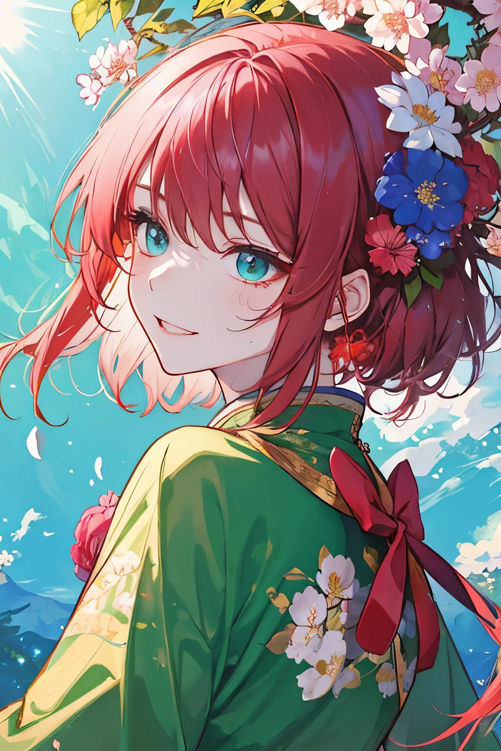 (Best quality,4K,A high resolution,tmasterpiece:1.2),ultra - detailed,actual,Beautiful vibrant spring scenery,with dynamism、Red-haired girl with short hair and sweet smile,Beautiful and delicate eyes and lips,Colorful blooming flowers,dewdrops on petals,Butterflies dancing in the sun,green lush grass,Clear blue sky,birds chirping happily,Fresh breeze,a joyful atmosphere,Soft and warm sunlight filtering through the trees,Primetime lights,The morning sun shines on the girl&#39;s face,Floral dress swaying gently in the wind,Girl&#39;s face is filled with happy expression,The atmosphere is cheerful、boisterous,positive energy,清新而with dynamism的色彩,picturesque,Quiet and peaceful environment,a feeling of renewal,and peaceful environment,serene gardens,The harmonious integration of nature and humanity,dreamy and charming scenery,Delicate cherry blossoms in bloom,The scent of blossoms perfumes the air,The most beautiful side of nature,Inspiring and uplifting perspectives.