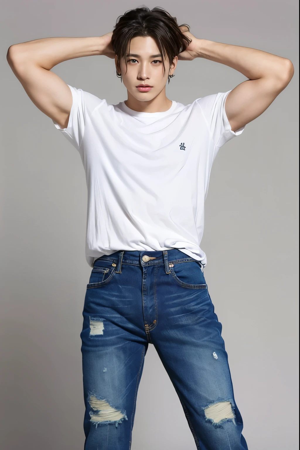 arafed man in white shirt and blue shorts leaning against a wall, a cartoon inspired by Adam Dario Keel, shutterstock, shin hanga, young man with short, short jeans, short size, short pants, wearing denim short shorts, denim short pants, cotton, modern casual clothing, thin young male, wearing shorts and t shirt, casual modern clothing
