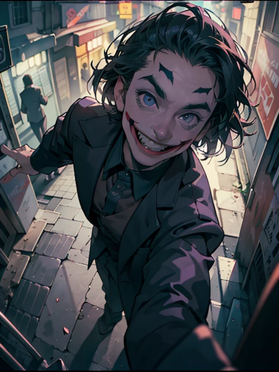 ( Masterpiece, best quality, cinematic lighting:1.2, backlit:1.6, rim light:1.6, hard light:1.4, side light:1.2, fisheye:1.2 ), (( high angle shot overhead pov )), ( bright alley street of england:1.2, night time, joker from batman, smile hand gestures against viewer , looking at viewer), narrow face:1.5, long face.1.7, sunken cheeks:1.6, smiling from eye to eye:1.8, excited eyes, good teeth, wide smile, wearing purple suit, ( over exposure:1.4, depth of field, 8K, UHD)